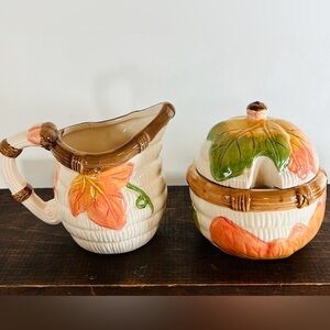 Applause Vintage Farmhouse Cottagecore Fall Leaves Decor Ceramic Sugar & Creamer